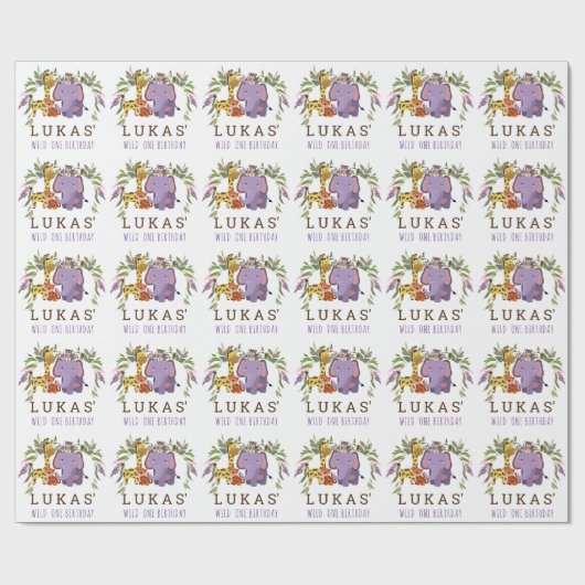 Oerwoud Safari Dier 1e Verjaardag gepersonaliseerd Cadeaupapier (Vlak)