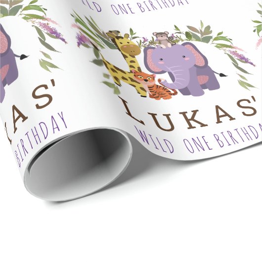 Oerwoud Safari Dier 1e Verjaardag gepersonaliseerd Cadeaupapier (Rol Hoek)