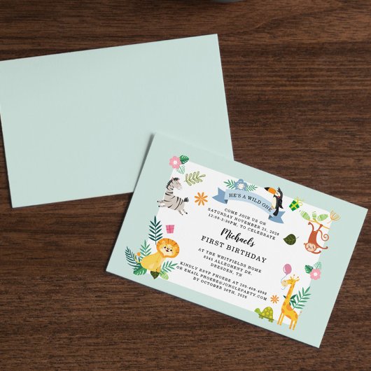 Oerwoud Safari Dier 1st Birthday Wild One Notitiekaartje