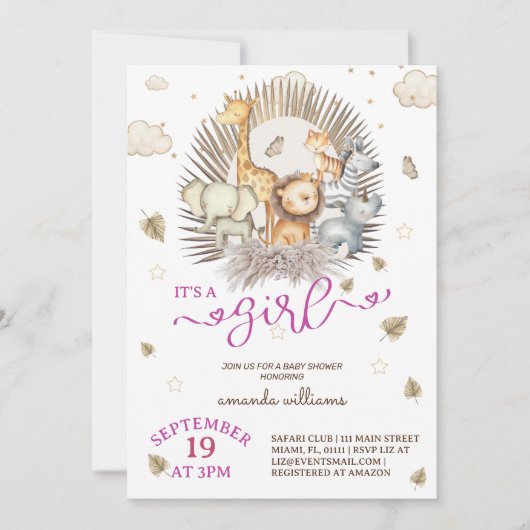 Oerwoud Safari Dier Baby Meisje Douche Kaart (Voorkant)