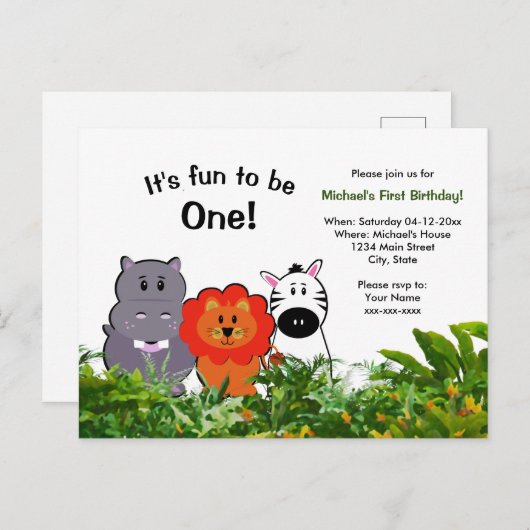 Oerwoud safari dier eerste verjaardag Fun 1 Briefkaart (Voorkant / Achterkant)