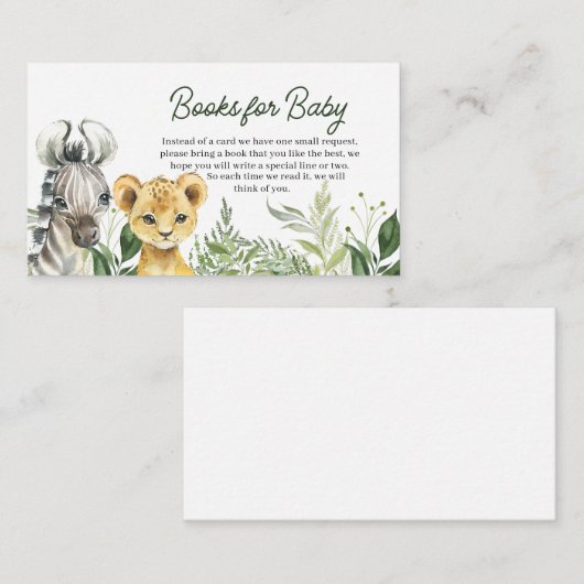 Oerwoud Safari Dieren Baby shower Boeken voor Baby Informatiekaartje (Voorkant / Achterkant)