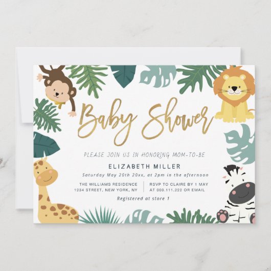 oerwoud safari dieren baby shower uitnodiging (Voorkant)