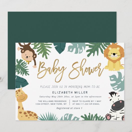 oerwoud safari dieren baby shower uitnodiging (Voorkant / Achterkant)