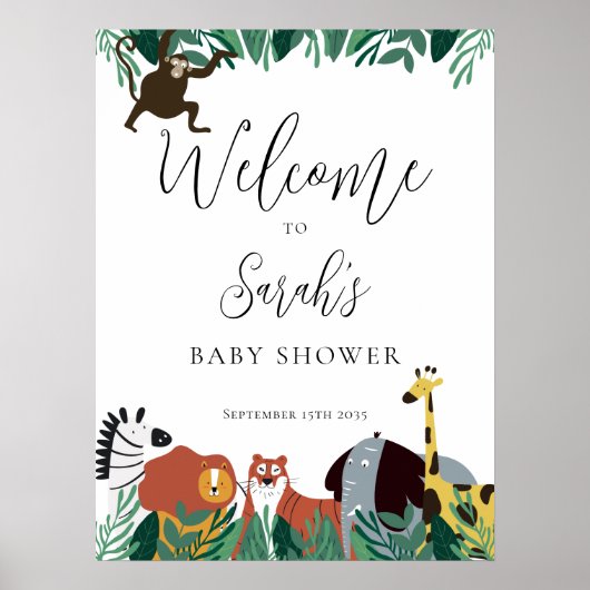 Oerwoud Safari Dieren Baby shower Welkomstbord Poster (Voorkant)