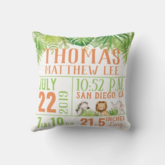 Oerwoud Safari Dieren Birth Stats Baby Boy Nursery Kussen (Achterkant)