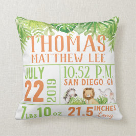 Oerwoud Safari Dieren Birth Stats Baby Boy Nursery Kussen