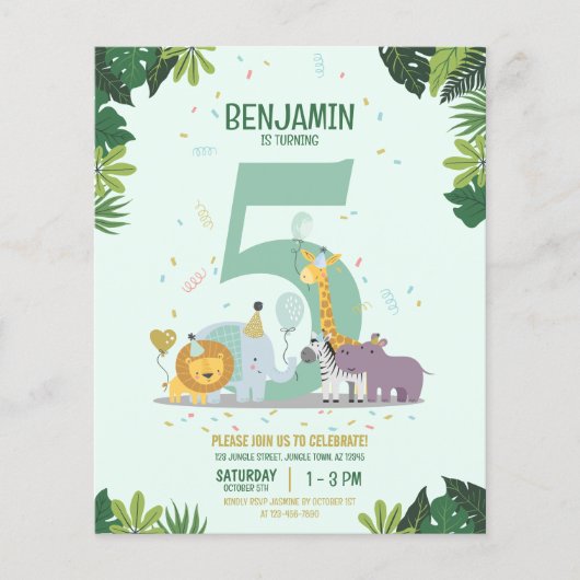 Oerwoud Safari Dieren Budget Verjaardagsuitnodigin (Voorkant)