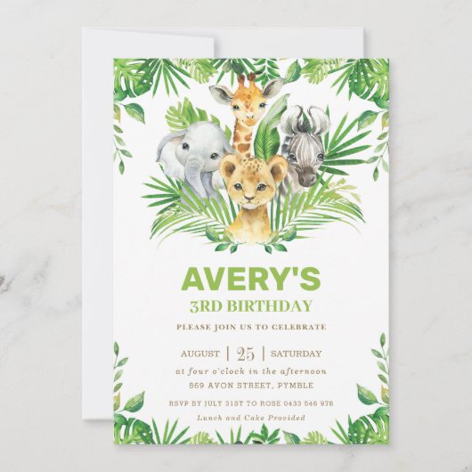 Oerwoud Safari Dieren Groen Verjaardagsfeest Kaart (Voorkant)