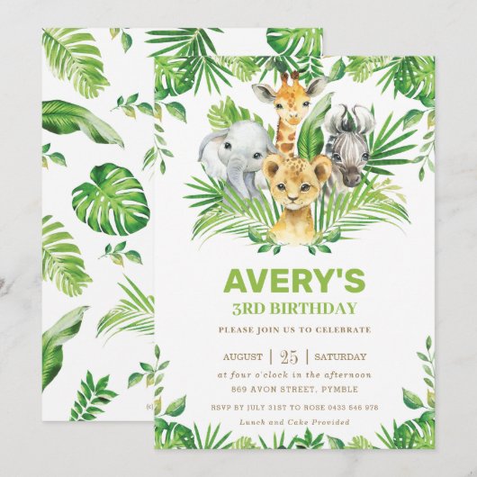 Oerwoud Safari Dieren Groen Verjaardagsfeest Kaart (Voorkant / Achterkant)