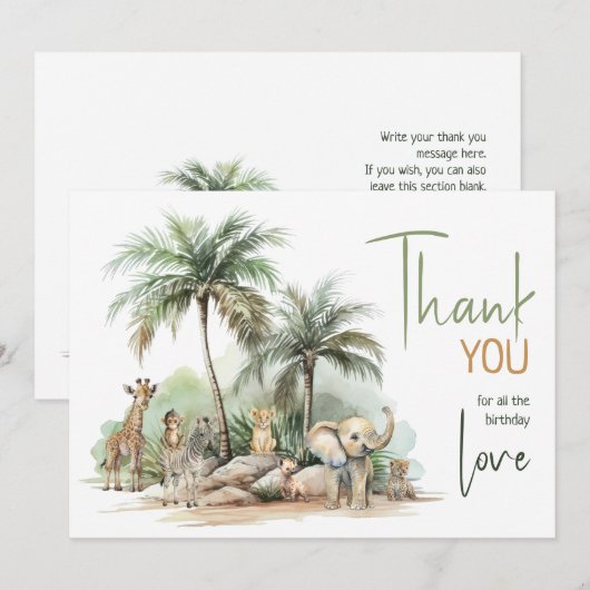 Oerwoud Safari Dieren Horizontaal Verjaardagsfeest Bedankkaart (Voorkant / Achterkant)