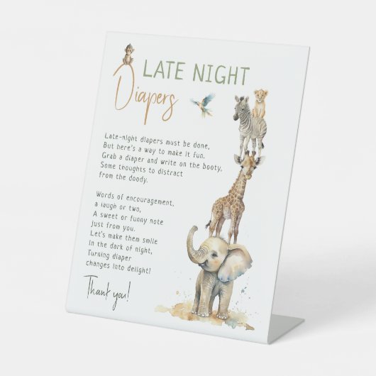 Oerwoud Safari Dieren Late Night Luiers Reclamebord Met Voetstuk (Voorkant)