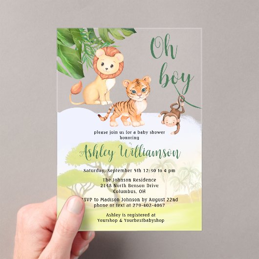 Oerwoud Safari Dieren Oh Boy Baby shower Acryl Uitnodigingen (Insitu (Draagbaar))