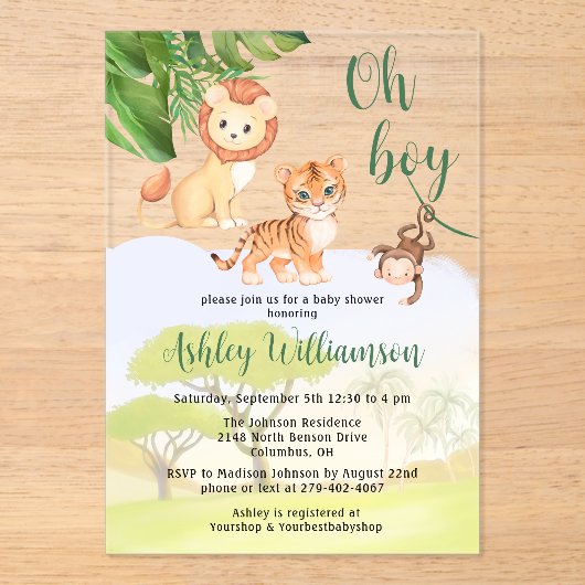 Oerwoud Safari Dieren Oh Boy Baby shower Acryl Uitnodigingen (Voorkant)
