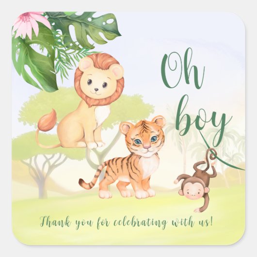Oerwoud Safari Dieren Oh Boy Baby shower Vierkante Sticker (Voorkant)