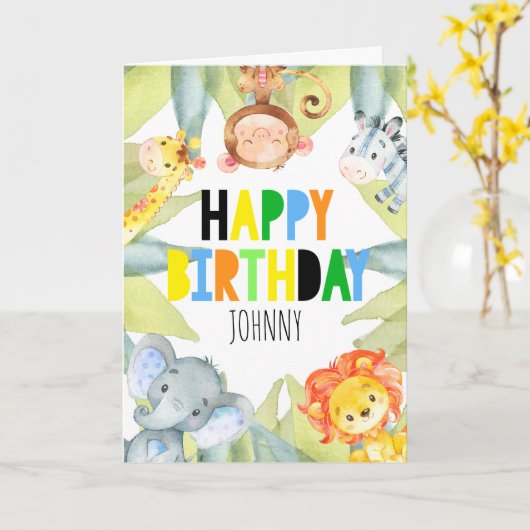Oerwoud Safari Dieren Persoonlijke Verjaardag Kaart (Gele Bloem)