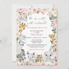 Oerwoud Safari Dieren Roze Floral Baby shower Kaart