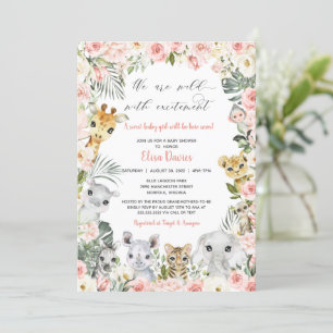 Oerwoud Safari Dieren Roze Floral Baby shower Kaart
