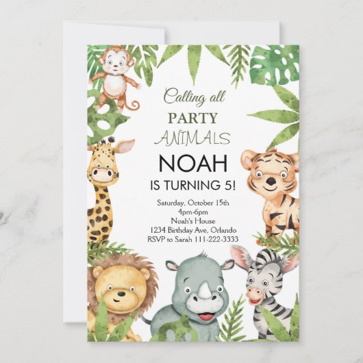 Oerwoud Safari Dieren Verjaardagsfeestuitnodiging Kaart (Voorkant)