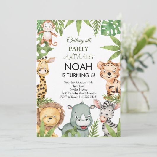 Oerwoud Safari Dieren Verjaardagsfeestuitnodiging Kaart (Staand voorkant)