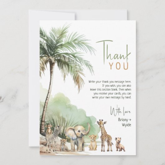 Oerwoud Safari Dieren Verticaal Baby shower Flat Bedankkaart (Voorkant)