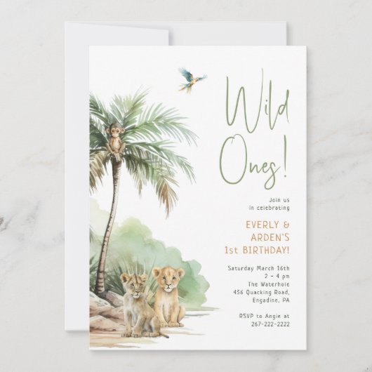 Oerwoud Safari Dieren "Wild Ones" Twin Birthday Kaart (Voorkant)