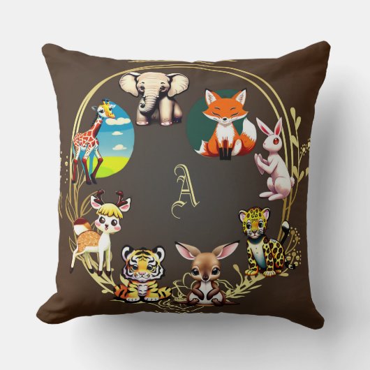 Oerwoud Safari Dierenrijk Donkere Bossen Monogram Kussen (Voorkant)