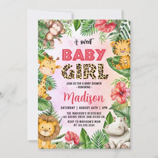 Oerwoud Safari Een lief baby meisje Baby shower Kaart (Voorkant)