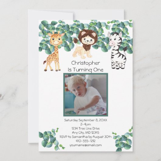 Oerwoud Safari Foto Jongens 1e Verjaardag Kaart (Voorkant)