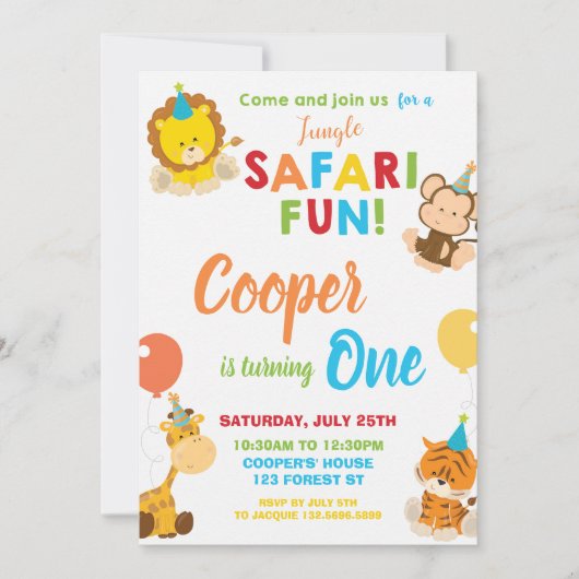 Oerwoud Safari Fun 1st Verjaardag Party Oerwoud An Kaart (Voorkant)