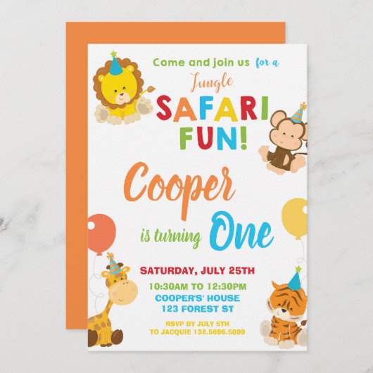 Oerwoud Safari Fun 1st Verjaardag Party Oerwoud An Kaart (Voorkant / Achterkant)