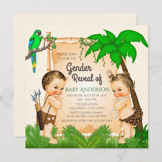Oerwoud Safari Gender Reveal Baby shower Invitatio Kaart (Voorkant / Achterkant)