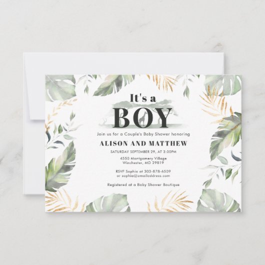 Oerwoud Safari Giraffe Boy Baby shower Notitiekaartje (Voorkant)