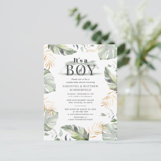 Oerwoud Safari Giraffe Couples Baby Boy Shower Uitnodiging Briefkaart (Staand voorkant)