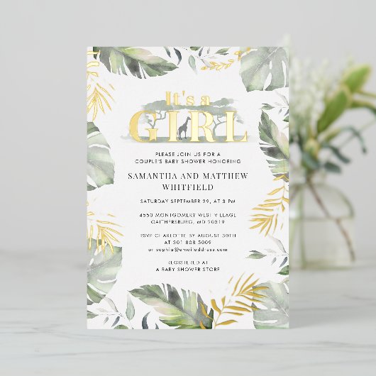 Oerwoud Safari Giraffe Girls Baby shower Gold Folie Uitnodiging (Staand Voorkant)