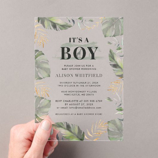 Oerwoud Safari Giraffe Palms Leaves Baby shower Acryl Uitnodigingen (Insitu (Draagbaar))
