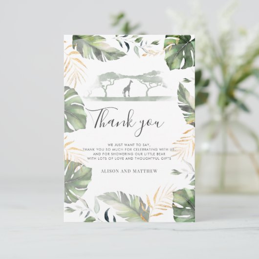 Oerwoud Safari Giraffe Palms Leaves Baby shower Bedankkaart (Staand voorkant)