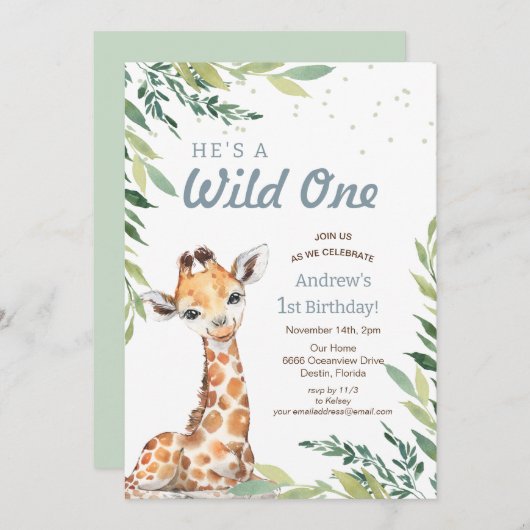 Oerwoud Safari Giraffe Wild Een eerste verjaardag Kaart (Voorkant / Achterkant)