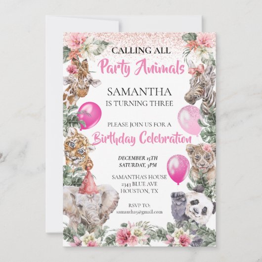 Oerwoud Safari Girl Pink Birthday Kaart (Voorkant)