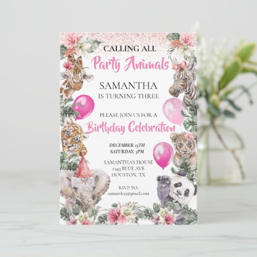 Oerwoud Safari Girl Pink Birthday Kaart (Staand voorkant)