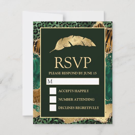 Oerwoud Safari Green Gold Glitter Agate Wedding RSVP Kaartje (Voorkant)