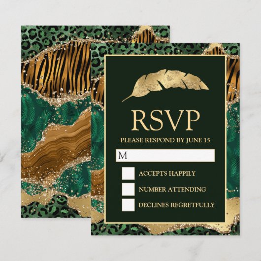 Oerwoud Safari Green Gold Glitter Agate Wedding RSVP Kaartje (Voorkant / Achterkant)