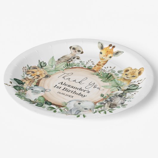 Oerwoud Safari Greenery Wilde Dieren Birthday Favo Papieren Bordje (Gekanteld)