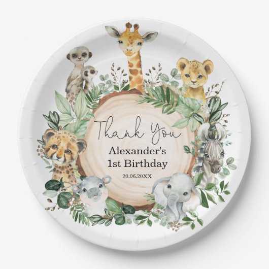 Oerwoud Safari Greenery Wilde Dieren Birthday Favo Papieren Bordje (Voorkant)