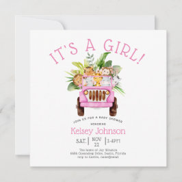 Oerwoud Safari Het is een Girl Pink Baby shower Kaart