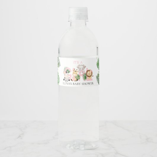 Oerwoud Safari Het is een meisje Baby shower Waterfles Etiket (Voorkant)