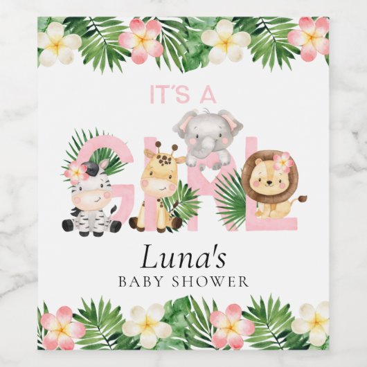 Oerwoud Safari Het is een meisje Baby shower Wijn Etiket (Enkel label)