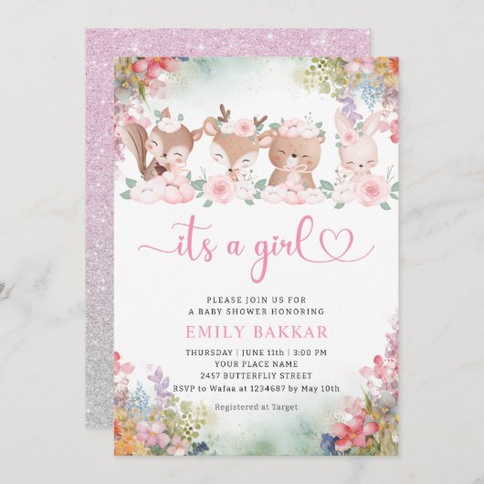 Oerwoud Safari Het is een meisje Boho roze Baby sh Kaart (Voorkant / Achterkant)