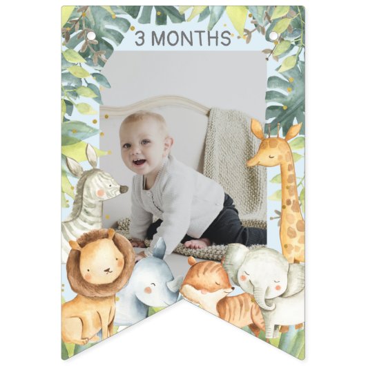 Oerwoud safari jongen 1 verjaardag blauwe foto vlaggetjes (Tweede vlag)