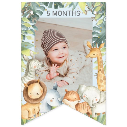 Oerwoud safari jongen 1 verjaardag blauwe foto vlaggetjes (Eerste vlag)